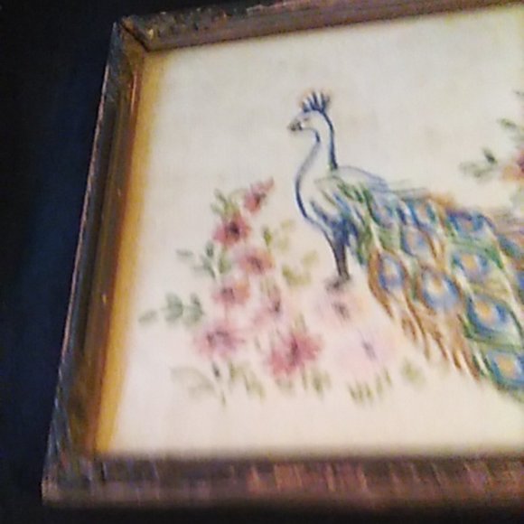 COPY - Vintage Peacock Embroidered Framed Picture 9.75"x7.5" Glass Super Old! - Picture 3 of 6